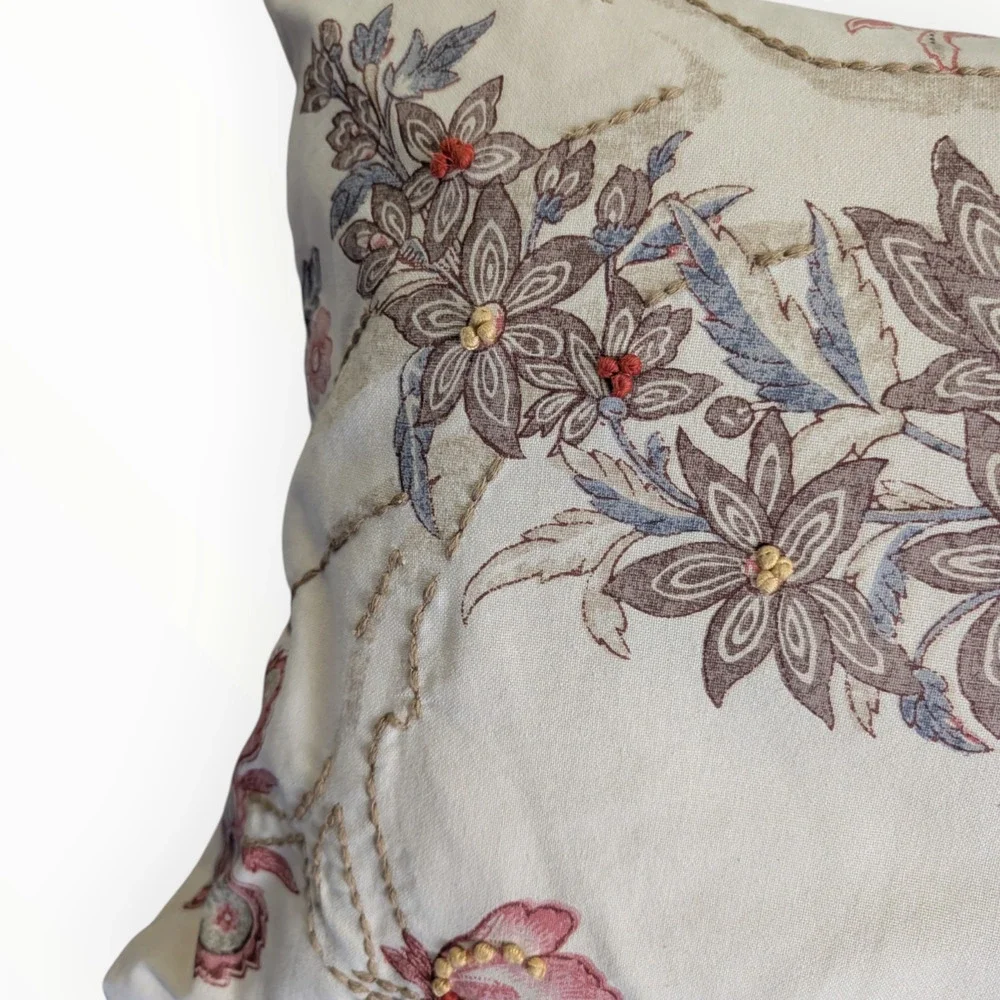 Pottery Barn Beige Floral Embroidered Lumbar Throw Pillow with Down Insert